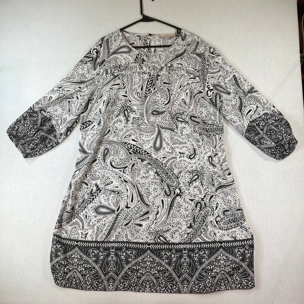 LOFT Shift Dress Womens XL Black White Paisley Print 3/4 Sleeve BOHO Ruffle Yoke